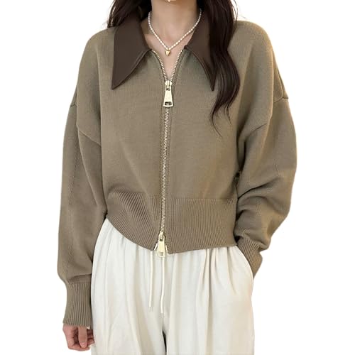 Cropped Cardigan Women Leather Collared Knit Sweater Zip up Jacket Aesthetic Cute Polo Sweater Fall 2024 Trendy