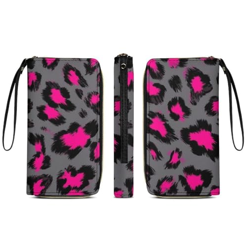 Fashion Decor Wallet, Long PU Zipper Wallet, Travel Purse Fashion Design, Huge Storage Capacity Purse With Rope Luxury Pink Dark Gray Leopard Cheetah Print3