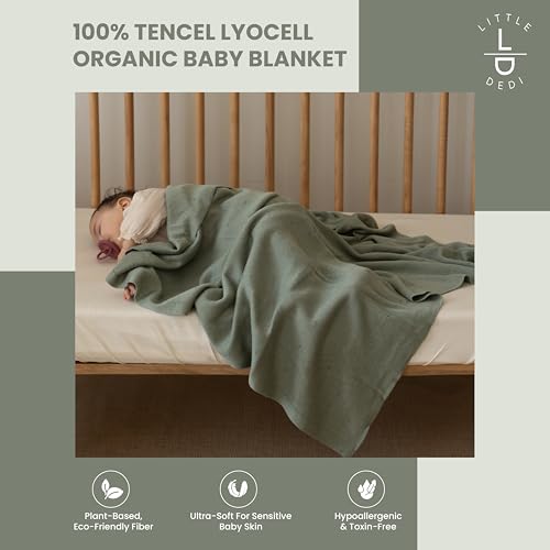 Image of Pointelle 100% Tencel Baby Blanket 30x40 in, Green, Oeko-Tex Certified, Silky Soft Knit, Thermal-Regulating Swaddle and Receiving Blanket for Newborns