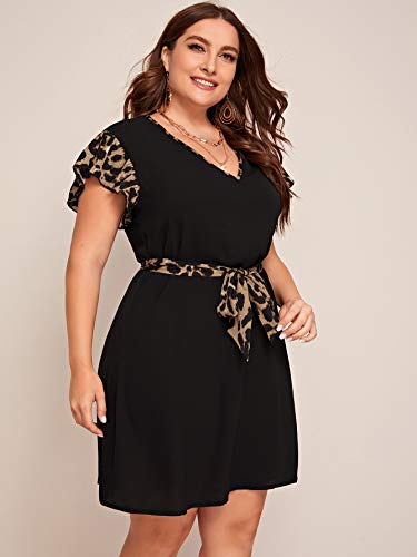 Romwe Women's Plus Size Short Sleeve Leopard Print Belted Casual Tunic Midi Dress Dark Black 2Xl #TOP3