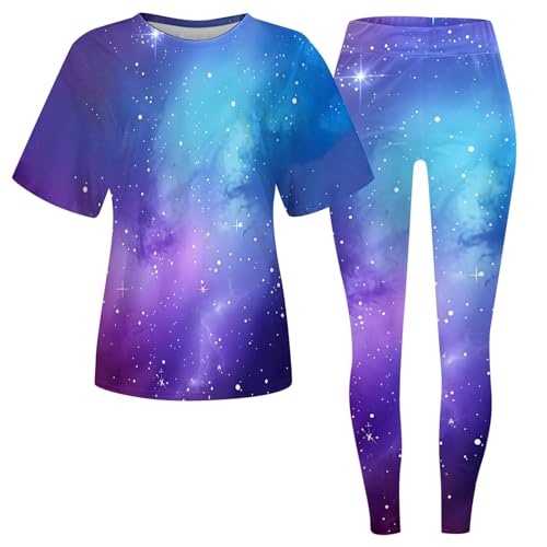 Mono estampado cielo estrellado casual manga corta conjunto de pantalones fluidos modelo 2026
