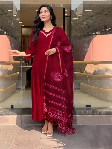Image of GoSriKi Women Viscose Gown Kurti with Pant and Dupatta | Embroidered Kurta Set for Women | V Neck Long Kurta Dupatta Palazzo Ethnic Outfit