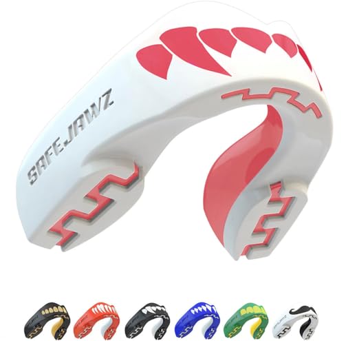 Image of SAFEJAWZ Mouthguard Slim Fit, Adults and Junior Mouth Guard with Case for Boxing, Basketball, Lacrosse, Football, MMA, Martial Arts, Hockey and All Contact Sports (Pink Fangz, Youth (Up to 11 Years))