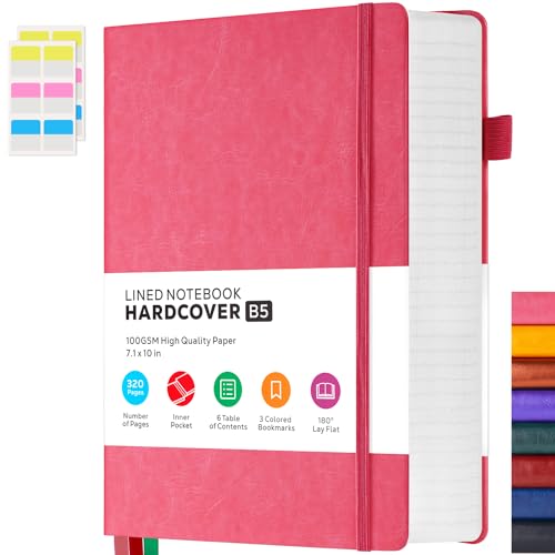 FOCUS DAY Bullet Lined Journal Notebook for Women/Men Writing Work, 320 Pages B5 Large Pink Leather Daily Diary Journals Note book College Ruled for Note Taking, 100Gsm Thick Paper, 7.1'' X 10''