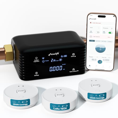 Image of Frizzlife LPG365-P Smart Water Automatic Shutoff Valve W / 3 Leak Sensors, 0.01 GPM Ultrasonic Micro Leak Detection,Wi-Fi /App Enabled Flow Meter, Pressure+Flow Monitor, 24 /7 Water Usage Reports,3 /4 inch＆1 inch