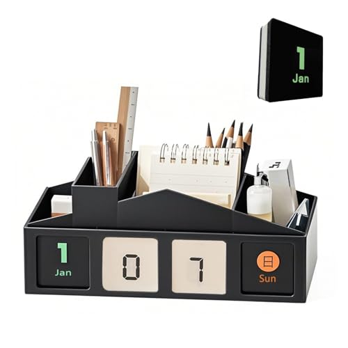 SangAncons Pen Holder for Desk Aesthetic - 4 Compartments Marker Holder,With 365-Day Recurring Calendar Replacementsuitable for Home And Office Decorating, Teacher Organization for Classroom(Black)