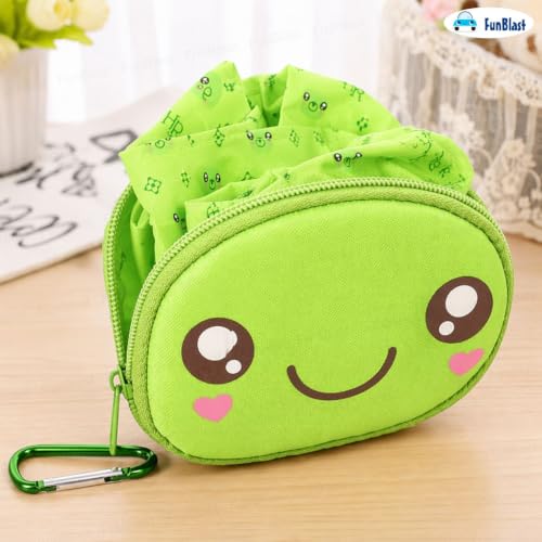 Image of FunBlast Foldable Shopping Bag - Cartoon Design Carry Bag with Zipper Pouch, Foldable Tote Bag for Girls & Women, Multipurpose Reusable Pouch Bags, Lightweight Travel Handbag with Handle Strap (Frog)