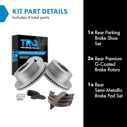 Image of TRQ Rear Brake Pad & Rotor Kit Parking Brake Shoe Set Semi-Metallic Premium G-Coated Compatible with 2013-2019 Ford F-350 Super Duty 2013-2014 F-450 Super Duty