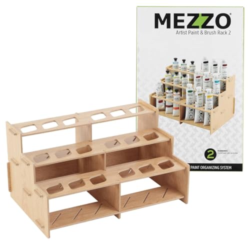 Image of HG Art Concepts Mezzo Artist Paint and Brush Racks - Wood Grain Laminate Multi Layer Desk Stand Professional Storage Display Organizer for Paintbrushes and Tubes - Straight Rack, 3 Pack