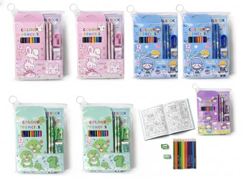 Image of Pack of 6 Colorful gift Set - Cartoon-Themed Stationery with colour Pencils, Sharpener, Eraser, and coloring book. Birthday returns gifts for kids party in bulk (Design 6)