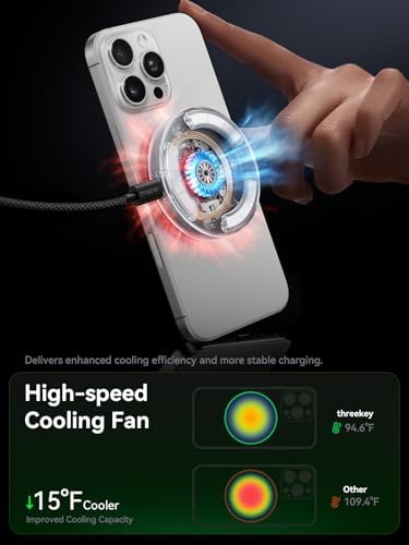 THREEKEY Qi2 25W Certified Magnetic Car Mount Charger Lite with Cooling Fan&LED Light, 360° Rotating Fast Wireless Charger & Phone Holder for iPhone 17-12, Galaxy S25-S26 | 30W Adapter Included - 2