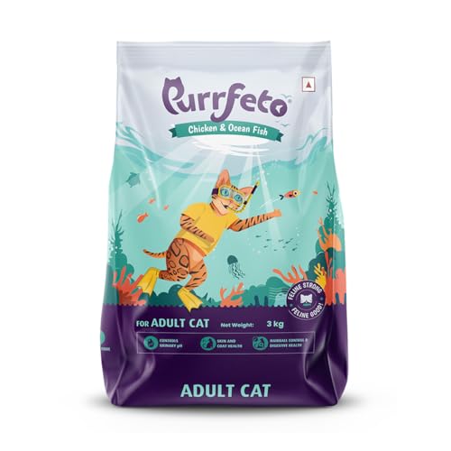Image of Purrfeto Adult Dry Cat Food | Chicken & Oceanfish | 3 kg Ingredients | 40% Reduction in Urinary Track Diseases |Anti Hairball Formula |Healthy Skin & Coat |Improves Digestive Health