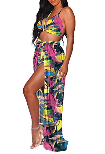Pink Queen Women's 3 Piece Swimsuit Hawaiian Sheer Bikini Cover Up Dress M Multicolor #TOP1