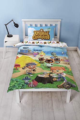 Animal Crossing Official Single Duvet Cover | Reversible Two Sided Beach Design | Polycotton Fun Bedding with Matching Pillow Case, Multi Coloured, 200 x 135cm (Single Duvet)
