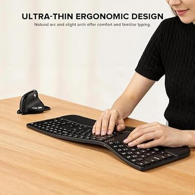 (Upgraded) DELUX Ergonomic Wireless Keyboard w Cushioned Wrist Rest, Wave Keys, 2.4GHz & Bluetooth Connection, Full Size Wireless Rechargeable Computer Keyboard for Windows, Mac OS, Laptop, PC (GM909)