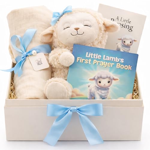 Highmark Collective Baptism Gift for Boy Baptism Set with 10 Praying Lamb Plush Toy with Blue Bow Bamboo Muslin Blanket & First Prayer Book Ready to Gift Keepsake Box