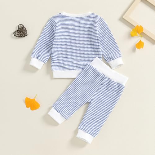 Toddler Baby Boy Waffled Clothes Stripe Long Sleeve Crewneck Sweatshirt Top + Pants Set 2Pcs Fall Winter Outfits4
