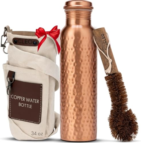CLEO HOME 100% Pure Copper Water Bottle for Drinking, 32 Oz Hammered Ayurvedic Copper Bottle for Drinking Water | Leak-Proof & Eco-Friendly | For Yoga, Office, Travel with Canvas Carry Bag & Brush