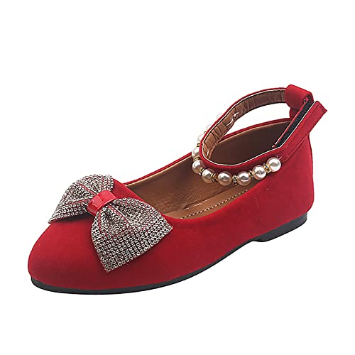 Girls Casual Shoes Shallow Mouth Slip On Pointed Pearl Princess Boat Shoes Kids Children Bowknot Youth Shower Shoes (Red, 32 Big Kids)