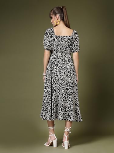 Image of OOMPH! Below Knee Shift Pink Dress in Crepe Fabric with Round Neck and Puff Sleeves - md619l