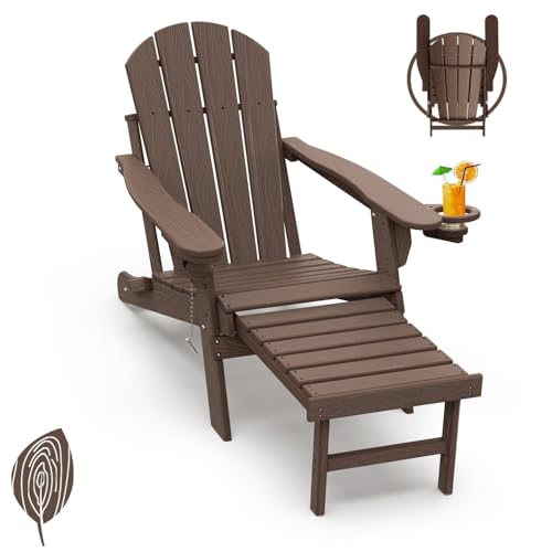 GREENVINES Adirondack-Chairs-with-Ottoman | Wood Grain | Dark Brown | Folding | Retractable-Footrest | HDPE Plastic | All Weather Fire Pit Chair | Cup