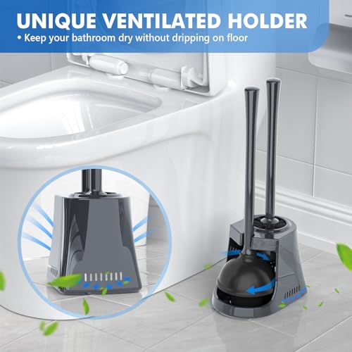Image of LOVLOY Toilet Plunger and Brush with Holder, Bowl Brush and Heavy Duty Toilet Plunger Set with Ventilated Holder, 2-in-1 Toilet Brush and Plunger Combo for 5.3-inch Toilet Drain New Pack (Grey, 1)