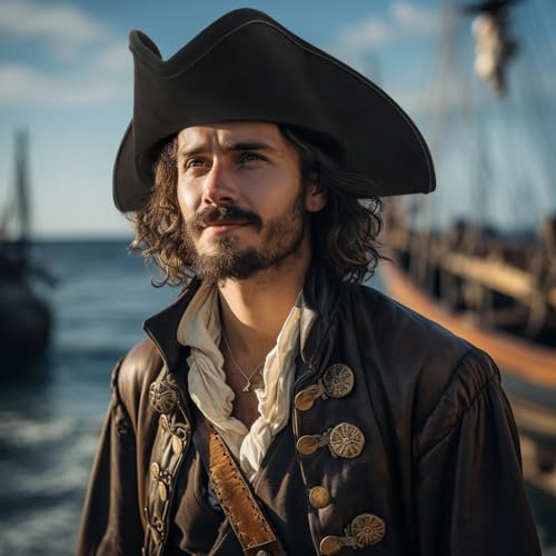 Image of HOMELEX Pirate Tricorn Hat for Adults Halloween Costume | Adult pirate tricorn hat in black, brown, or gold for Halloween, colonial costumes, parties, stage, and photos.