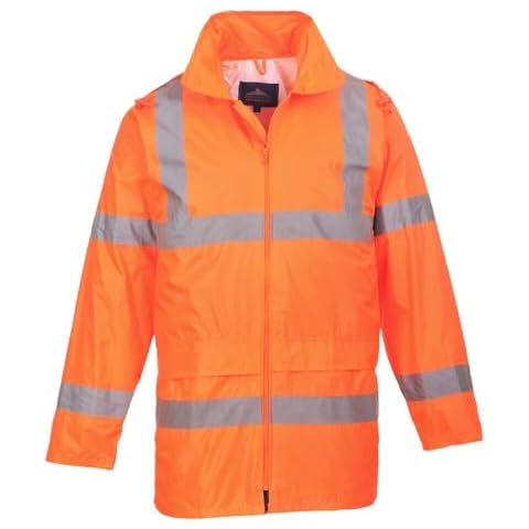 Portwest UH440 Men's Waterproof Hi Vis Rain Jacket - Reflective Lightweight Safety Workwear with Pockets and Hood Orange, Medium Cover