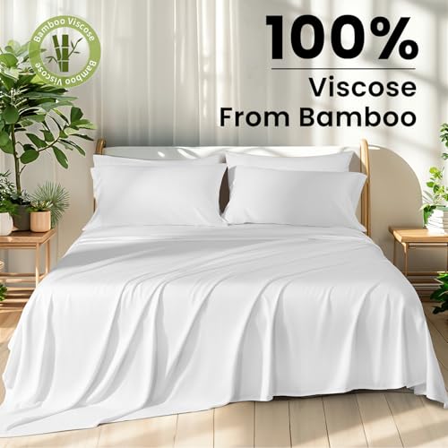 Shilucheng 100% Viscose Derived from Bamboo_ Sheets King Size 6pcs - Ultra Cooling & Silky Soft Bed Sheets, 16" Deep Pocket, Perfect for Hot Sleepers, Hotel Bedding Sheets (White)