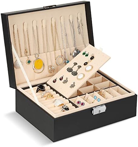 Hossejoy Jewellery Box Organiser, 2-Layer Lockable Jewellery Case Holder, PU Leather Jewellery Storage Display with Necklace Hangers Removable Dividers, for Necklace Earrings Rings Bracelets, Black