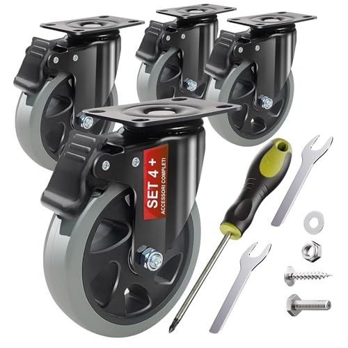 Gripko Kit 4 Carrelli per mobili con freno da 100 mm fino a 600 kg Kit completo di viti e utensili per carrelli per mobili ad alta resistenza con freno e piastra, carrello girevole silenzioso