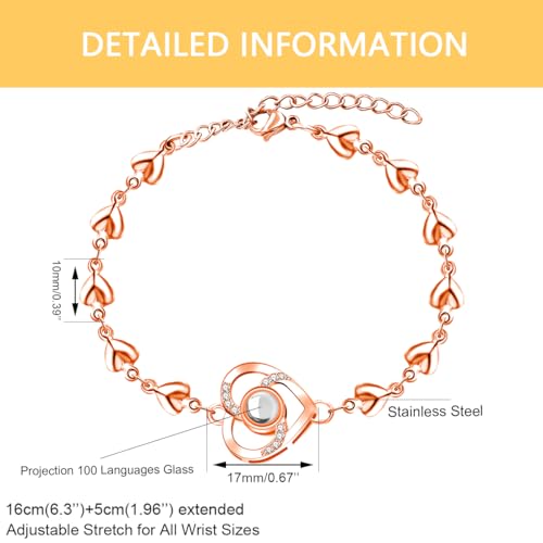Image of Uloveido Cute Stainless Steel Heart Link Chain Bracelet | 100 Different Languages I Love You Projection Bracelets for Women Girls