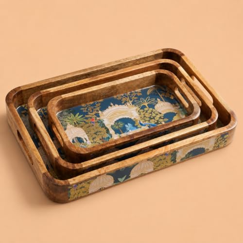 Image of Set of 3 Waterproof Wooden Trays | Rectangular Serving Tray Set | Large Big Size Trays for Decor |Wooden Tray for Kitchen Organizer 16x10, 14x8 & 12x6 Inch (Royal Green, Set of 3)
