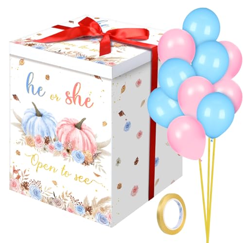 Hungdao Gender Reveal Balloon Box with Ribbon and 10 Pink and Blue Balloons Gender Reveal Games He or She Open to See for Party Decoration 12