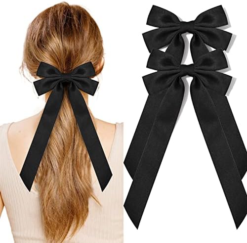 2PCS Silky Satin Hair Bows Black Hair Ribbon Clips for women Ponytail Holder Hair Accessories Alligator Clips Hair Bow for Women Girls Toddlers Teens Kids
