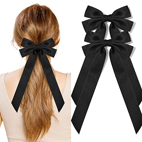 2Pcs Silky Satin Hair Bows Black Hair Ribbon Clips For Women Ponytail Holder Hair Accessories Alligator Clips Hair Bow For Women Girls Toddlers Teens Kids #TOP24