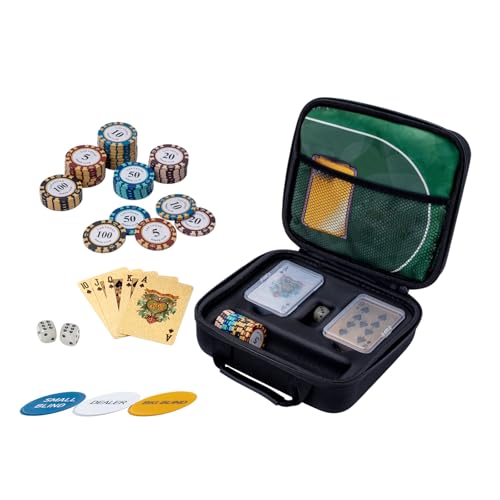 BANGZE GAMES All-in-One Portable Poker Set with Dual-Faced Casino Felt for Travel, Lite Edition – 50 Clay Chips, Waterproof Cards, Luminous Dice, Packed in Durable EVA Case