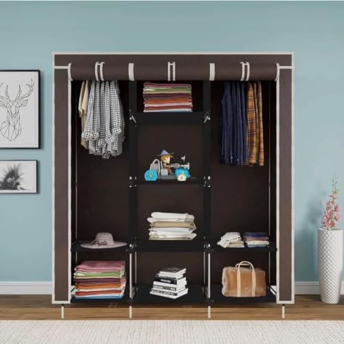 Image of Collapsible Wardrobe Closet for Clothes Storage, 8 Shelf Portable Fabric Almirah, Foldable Clothes Organizer with Plastic Frame, Space Saving Cupboard for Bedroom (Brown)
