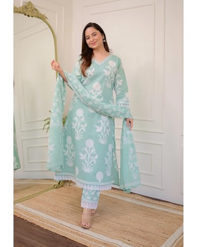Image of Nermosa Women Cotton Printed Straight V-Neck Kurta Pant With Dupatta