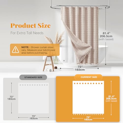 Image of BTTN 3 in 1 Shower Curtain with Liner, 80 Inch Long Boho Linen Fabric Shower Curtain Set with Plastic Hook, Farmhouse Bohemian Country Cute Waterproof Cloth Shower Curtain for Bathroom, Taupe, 72x80