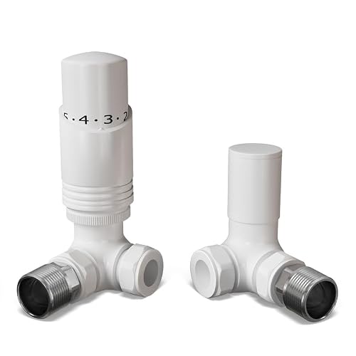UK Radiators White Thermostatic Radiator Valve 10mm Corner Lockshield Valve in White Color and Gloss Finish - Classy and Modern Design 1/2" x 10mm Corner Radiator Valve