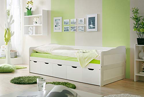 TiCAA Einzelbett Sofabett Funktionsbett, Maria mit Schubkasten für Schlafzimmer, Kinderzimmer Kiefer Massivholz Bettgestell 90 x 200 cm TiCAA Einzelbett Sofabett Funktionsbett, Maria mit Schubkasten für Schlafzimmer, Kinderzimmer Kiefer Massivholz Bettgestell 90 x 200 cm
