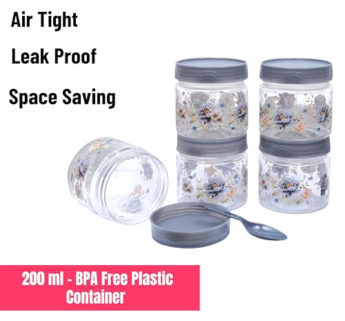 Image of Airtight Container Set, Plastic Container for Kitchen Storage Set, Small Spice and Grocery Storage Jar Box with Spoon, masala box storage organizer for pantry (Grey, 250 ml - 6 Piece)