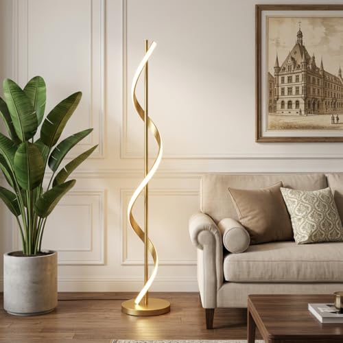 Image of Spiral Floor Lamp 3-Color CCT (Warm + Natural + Cold White) Gold Aluminium LED Standing Lamp for Living Room Bedroom Home Decor