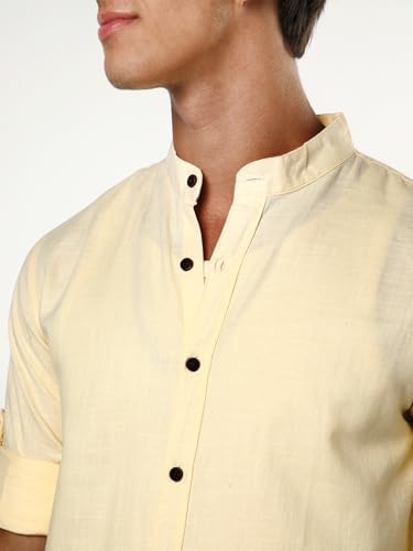 Image of Urbano Fashion Men's Linen Blend Full Sleeve Relaxed Fit Mandarin Collar Casual Solid Shirt