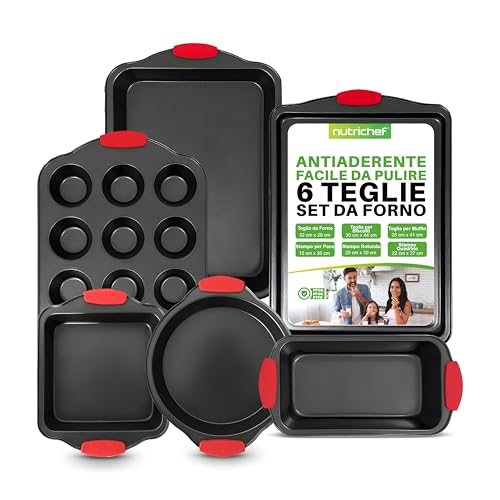 NutriChef Set 6 Teglie da Forno Antiaderente, Acciaio con Maniglie Rosse in Silicone, Adatto Fino a 230°C, Include Teglie Pane, Muffin, Biscotti