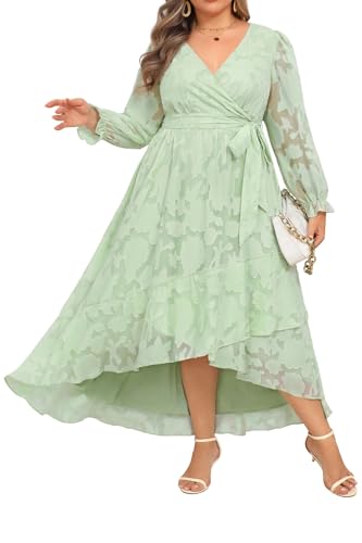 Sage Green Dress Plus Size Wedding Guest Easter Fall Semi Formal Floral Long Sleeve Wrap High Low Maxi Dresses Women