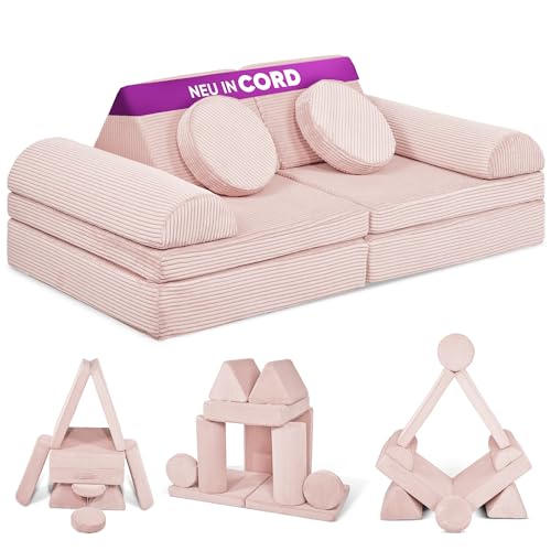 Linodino® Spielsofa Cord Fantasiewelt, Kindersofa-Bausteine - Stapelsteine für Kinder - Kindercouch, Sofa-Kuschelecke | Schaumstoff-Softbausteine | Oeko-TEX 100 Zertifiziert | Prinzessin Rosa