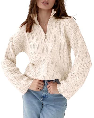 Imily Bela Womens Cable Knit Half Zip Sweater V Neck Collared Fall Trendy Oversized Long Sleeve Pullover Tops2