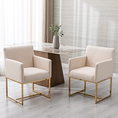 Wahson Set Of 2 Linen Upholstered Modern Dining Chairs With Arm, Contemporary Dining Room Chair With Golden Metal Base, Cream Linen & Golden Legs #TOP3